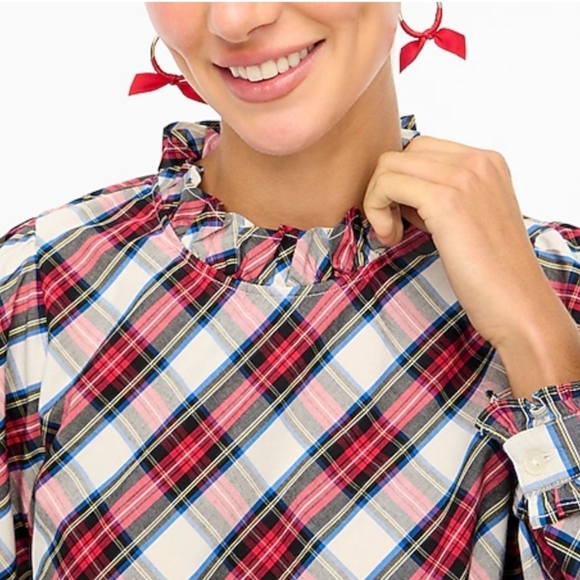 J. Crew Poplin Ruffleneck Top #BM029 Plaid Preppy Blouse NEW Summer Classic Chic - Picture 2 of 10